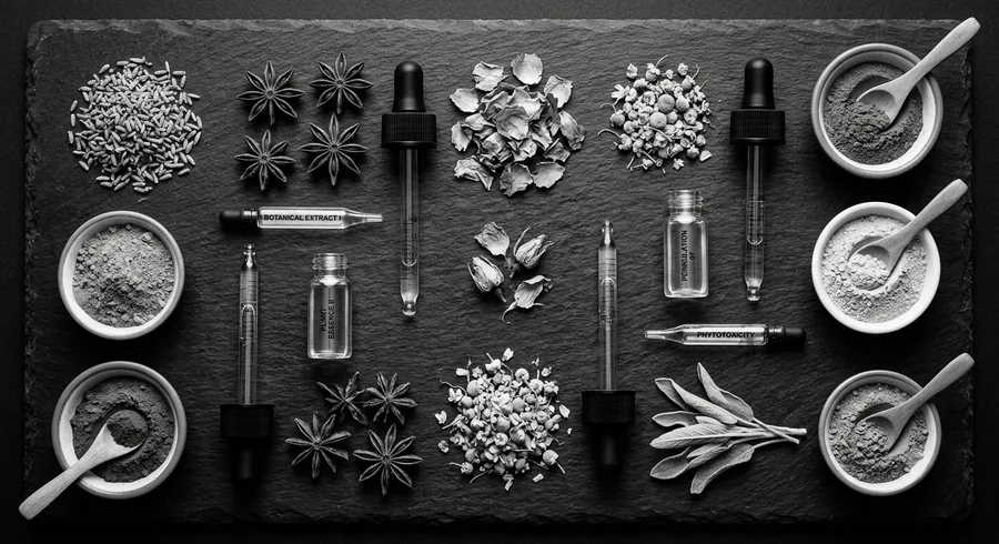 Botanical ingredients and dropper bottles arranged on dark slate