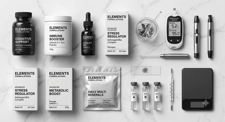 Supplement and biometric testing equipment laid out on a white surface